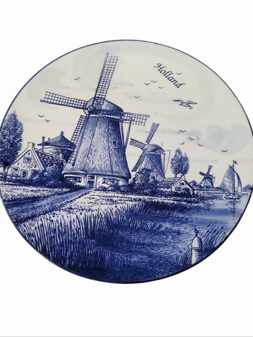 Vintage Holland Windmills Delft Blue Ceramic Wall Plate